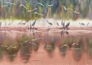 Sonbaharda suluboya arazide turnalar. Kuş çizimi