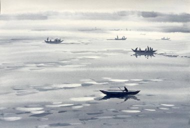 Gri suluboya arka planda nehirdeki tekneler. Elle boyanmış resim