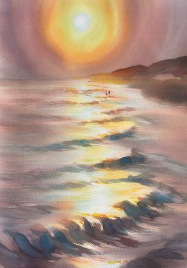 Sis rengi arka planda deniz tarafından gün batımı. Yaz manzarası