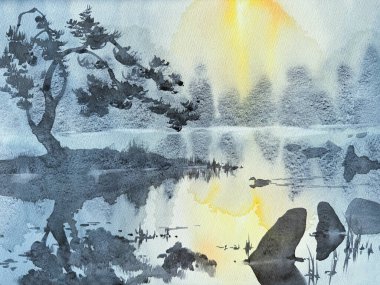 Sabah sisli arka planda göldeki taşlar. Elle boyanmış resim