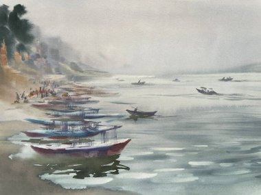 Varanasi suluboya arka planında Ganga nehrinde bir tekne. El yapımı çizim.
