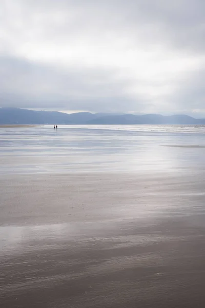 在阴天 一对夫妇在宽阔空旷的海滩上散步 爱尔兰克里县 野生大西洋路 Inch海滩 — 图库照片