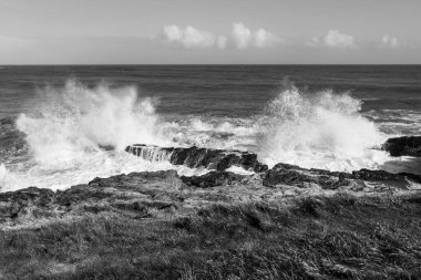 Powerful waves crushing over rocks on Atlantic coast of Ireland, in black and white. clipart