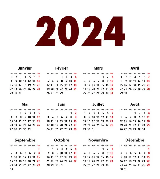 Franse Kalender Grid Vet Cijfers Voor 2024 Ideaal Voor Kalenderprint — Stockvector