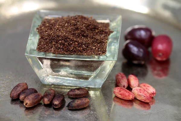 Brew Coffee Grounds Cornel Cherries — Stock Photo, Image