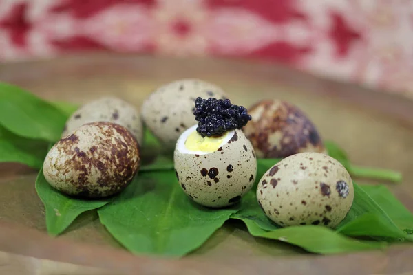 Uovo Quaglia Con Aglio Selvatico Sostituto Del Caviale — Foto Stock