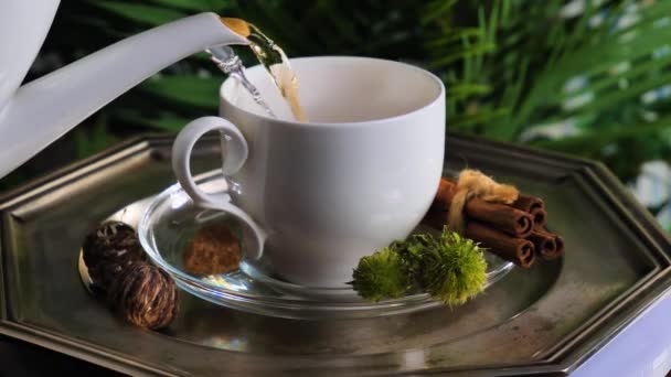 Гарячий Солодкий Чай Чашці Старому Тлі — стокове відео