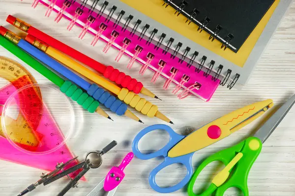 School Supplies Laid Out Composition Light Background Back School Stock Photo