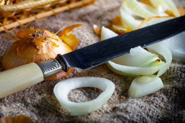 Çiğ soğan, eski bir arka planda kompozisyon