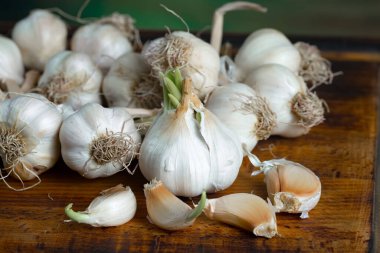 Mutfakta siyah arka planda sarımsak. Baharatlı bir sebze.
