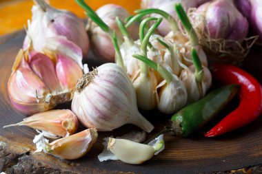 Mutfakta siyah arka planda sarımsak. Baharatlı bir sebze.