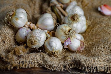 Mutfakta siyah arka planda sarımsak. Baharatlı bir sebze.