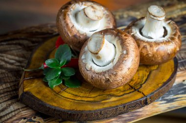 Şampiyon mantarları eski arkaplanda besin maddeleriyle kompozisyonda