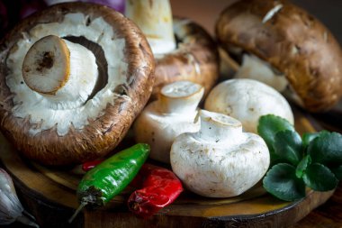 Şampiyon mantarları eski arkaplanda besin maddeleriyle kompozisyonda