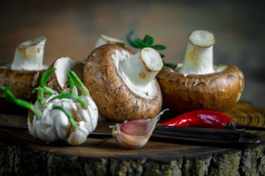 Şampiyon mantarları eski arkaplanda besin maddeleriyle kompozisyonda