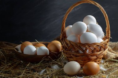 Çiğ tavuk yumurtası, kuru otların arka planında.