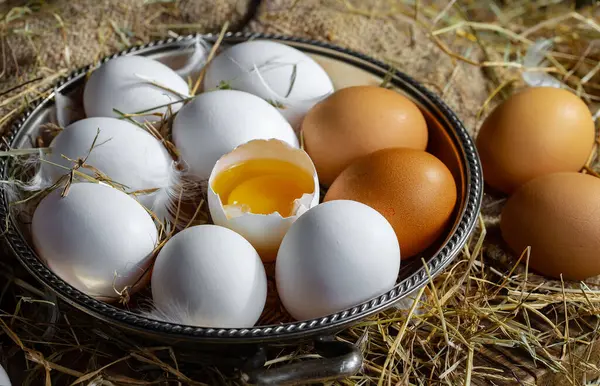 Huevos Pollo Crudos Sobre Fondo Hierba Seca Imágenes de stock libres de derechos