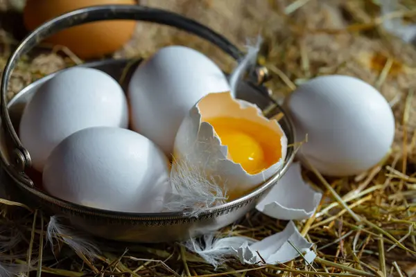Huevos Pollo Crudos Sobre Fondo Hierba Seca Fotos De Stock