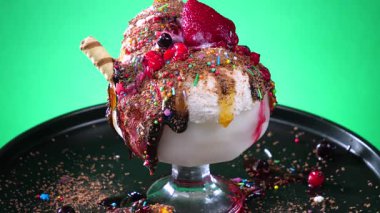 Bardaktaki dondurma, parlak renkli arka planda, yavaşça kendi ekseni etrafında döner..