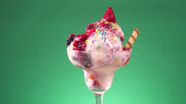 Cam bir kabın içindeki tatlı dondurma yavaşça ekseni etrafında döner. Yavaş çekim.