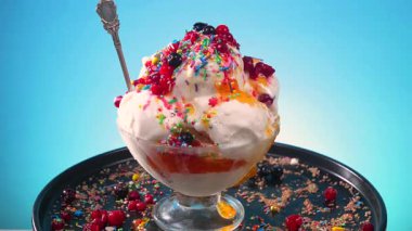 Cam bir kabın içindeki tatlı dondurma yavaşça ekseni etrafında döner. Yavaş çekim.