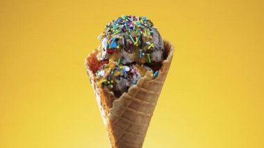 Waffle külahında tatlı dondurma yavaşça kendi ekseni etrafında döner. Yavaş çekim.