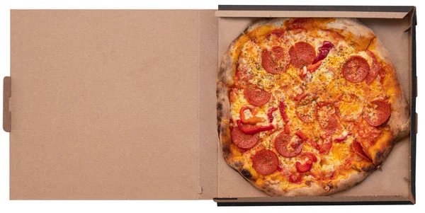 Пицца Пепперони Салями Открытой Коробке Белом Фоне Вид Сверху Итальянская — стоковое фото