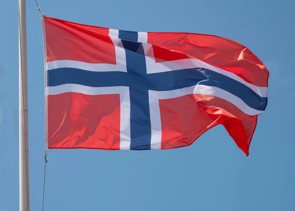 Norway Norwegian National Flag Waving Wind Flagpole Blue Sky Background — Stock Photo, Image
