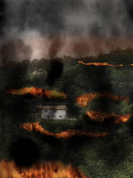 Wildfire Lesie Wzgórzu Domami Koncepcja Zanieczyszczenia Ognia Dymu — Zdjęcie stockowe