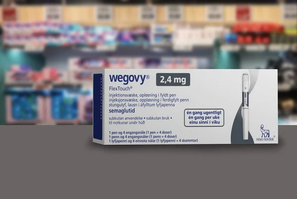 Verpackungsbox Mit Injizierbarem Verschreibungspflichtigem Medikament Wegovy Semaglutid Medikament Zur Gewichtsabnahme Stockbild