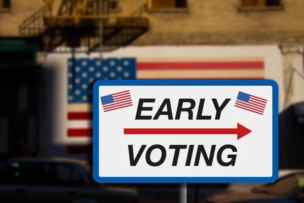 Early voting sign in USA. Allow people to vote in person before Election Day.  With American Flag and blurred background. Concept image.