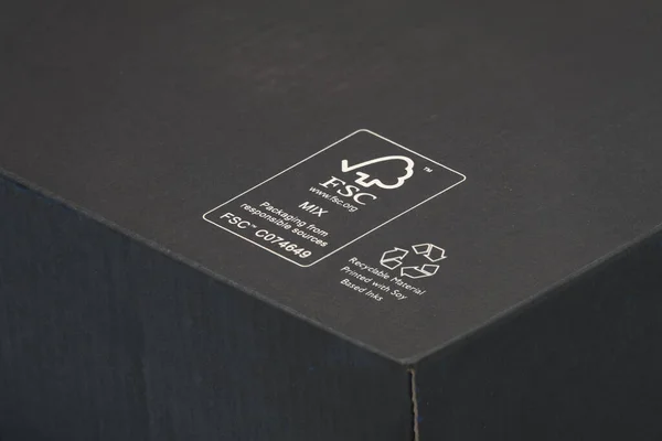 stock image FSC - Forest Stewardship Council - logotype on cardboard package. 100 percent recyclable. Printed with soy based inks. Close up photo . Copenhagen, Denmark - september 2223.  