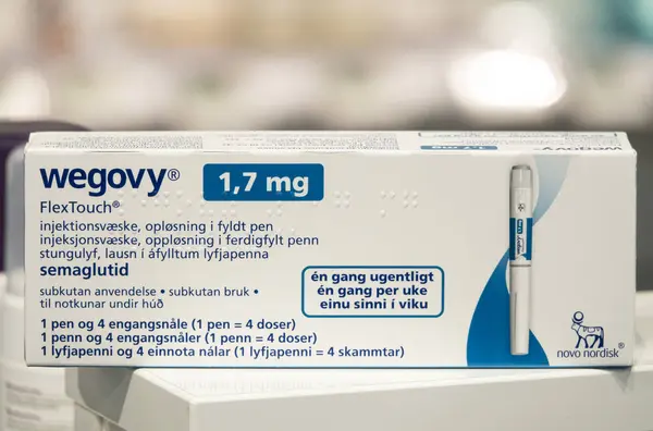 Förpackningslåda Med Wegovy Semaglutid Injicerbara Receptbelagda Läkemedel Viktminskning Läkemedel Från Stockfoto