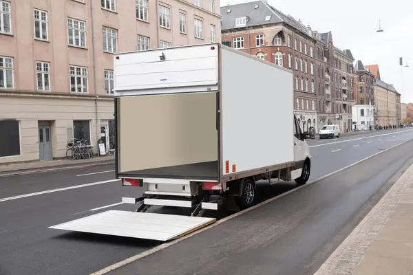 Empty White Delivery Truck Tailgate Open Parked Street Shops Buildings Stock Image