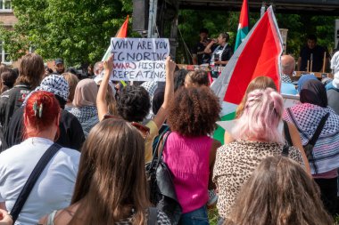Filistin 'le dayanışmalarını ve Filistin bayraklarıyla el sallamalarını göstermek için gösteri yapan bir grup insan. Poster gösteren bir kadın el kaldırıyor. Kopenhag, Danimarka - 27 Temmuz 2024.