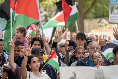 Filistin 'le dayanışmalarını ve Filistin bayraklarıyla el sallamalarını göstermek için gösteri yapan bir grup insan. Kopenhag, Danimarka - 27 Temmuz 2024.