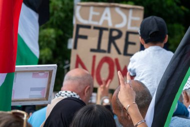 Filistin 'le dayanışmalarını ve Filistin bayraklarıyla el sallamalarını göstermek için gösteri yapan bir grup insan. Zafer alametini parmaklarınla gösteren kadın ellerine odaklan. Kopenhag, Danimarka - 27 Temmuz 2024.