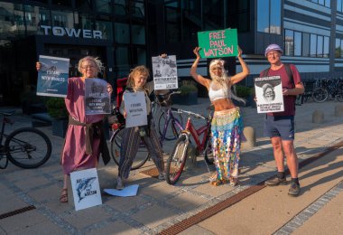 Demonstration for the release of anti-whaling activist Paul Watson at the Japanese Embassy in Copenhagen, Denmark. Paul Watson, founder of Sea Shepherd and co-founder of Greenpeace, was arrested on an international warrant in Greenland in July. Copen clipart