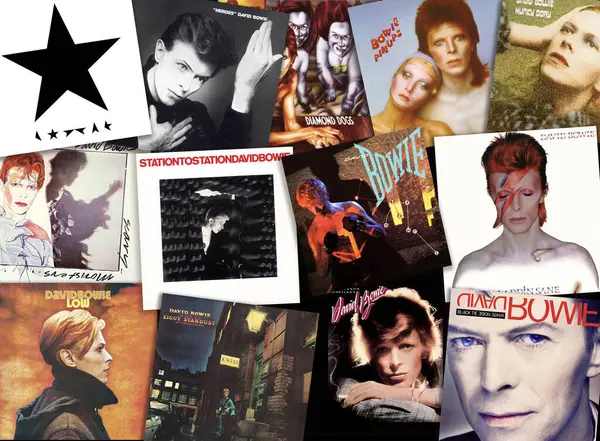 David Bowie bir yığın içinde vinil plak kapağı koleksiyonu. Kopenhag, Danimarka - 19 Kasım 2024.