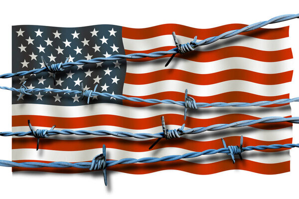Звезды и полосы американского флага окружены колючей проволокой. Концепция пограничного кризиса США и налоги на импорт. Изолированный на белом фоне.