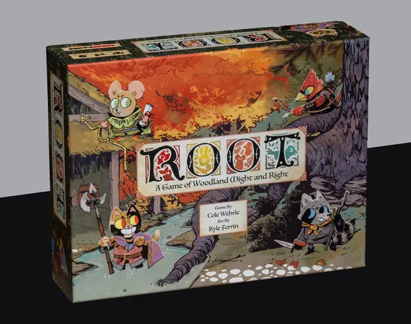 Popüler masa oyunu Root 'un siyah beyaz arka plan kutusu. Kopenhag, Danimarka, 17 Temmuz 2017