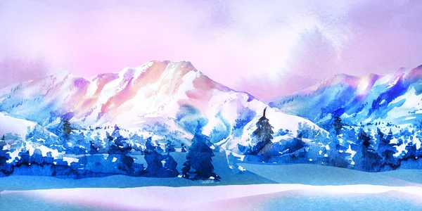 Panorama Śnieżnego Krajobrazu Górskiego Błękitnym Niebem Lasem Zimowym Pokryte Śniegiem — Zdjęcie stockowe