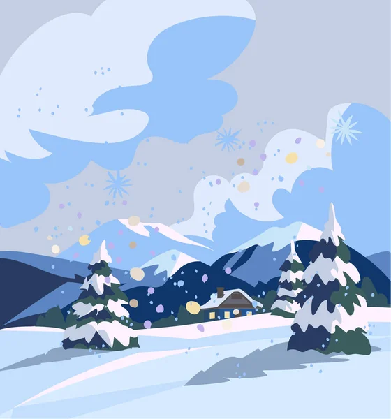 Zimowy Śnieg Krajobraz Dom Spadający Śnieg Płatki Śniegu Świąteczne Krajobrazy — Wektor stockowy
