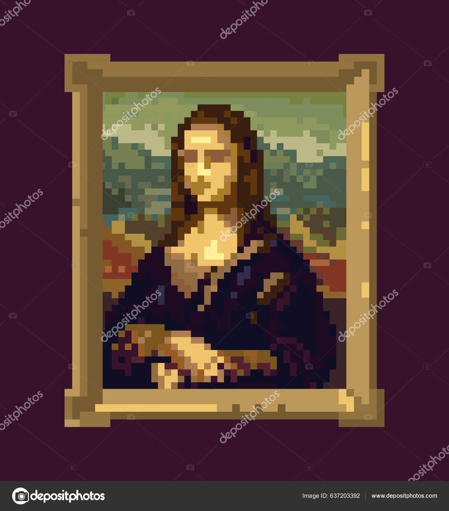 Pixel Art Portrait Mona Lisa Leonardo Vinchi Frame Creative.