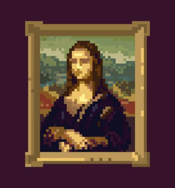 Pixel Art, Portrait of Mona Lisa, Leonardo da Vinchi in frame. Creative artwork, crypto art, modern digital pixelated canvas, NFT nonfungible token. Worlds Most Famous Painting. Vector illustration