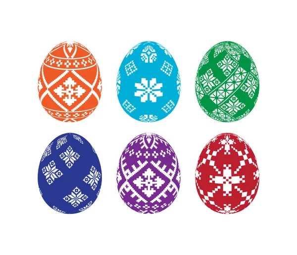 装飾スラブのパターンを持つ色イースターの卵のアイコンのセット白の背景に隔離された伝統的なハッピーイースターのシンボルベクトルイラスト フラットスタイル ホリデーグリーティングカードのデザイン要素 — ストックベクタ