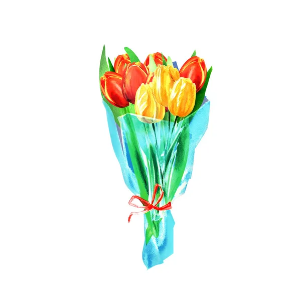 Čerstvé Svěží Kytice Barevných Květů Tulipánů Zabalených Průhledném Konceptu Obalu — Stock fotografie