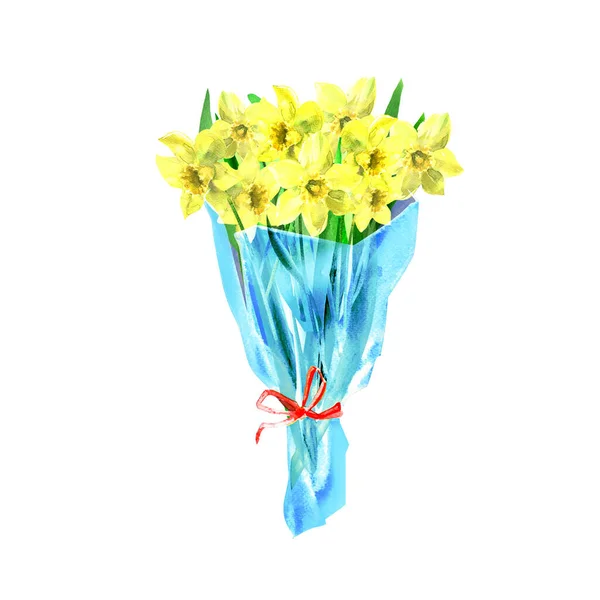 透明感のある春のパッケージコンセプトに包まれたカラフルなダフォディの新鮮な花束が咲きます グリーティングカードバナーのためのデザイン要素孤立手描き水彩イラスト白背景 — ストック写真