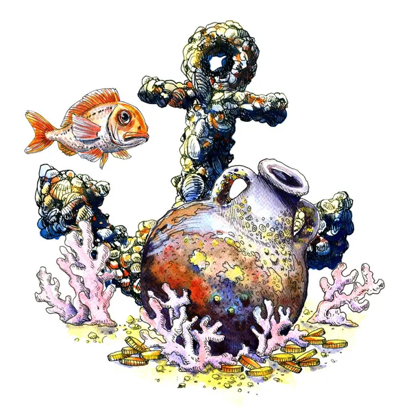 Stary Zabytkowy Kotwica Morska Starożytny Dzbanek Amfora Monety Koral Izolowane — Zdjęcie stockowe