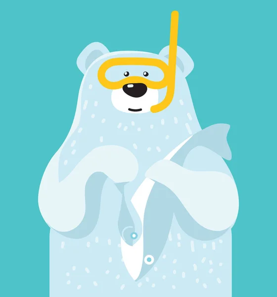 Urso Polar Bonito Bebê Máscara Mergulho Peixe Fundo Azul Design — Vetor de Stock